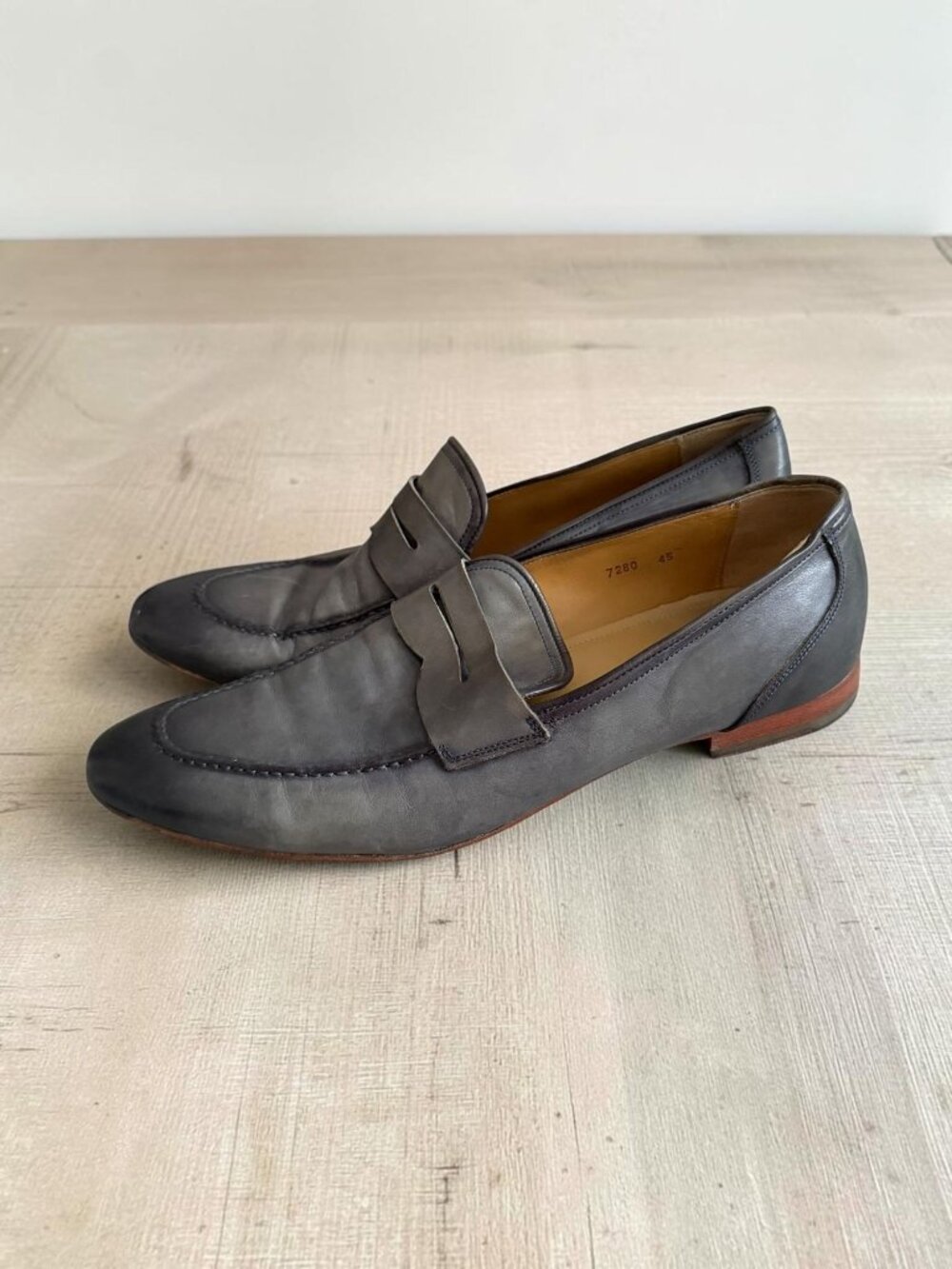 ANTONIO MAURIZI Gray Burnished Leather Loafers Shoes Sz 45 US 12